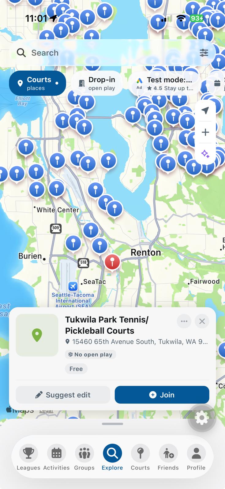 PickleNow map showing nearby courts and places to play